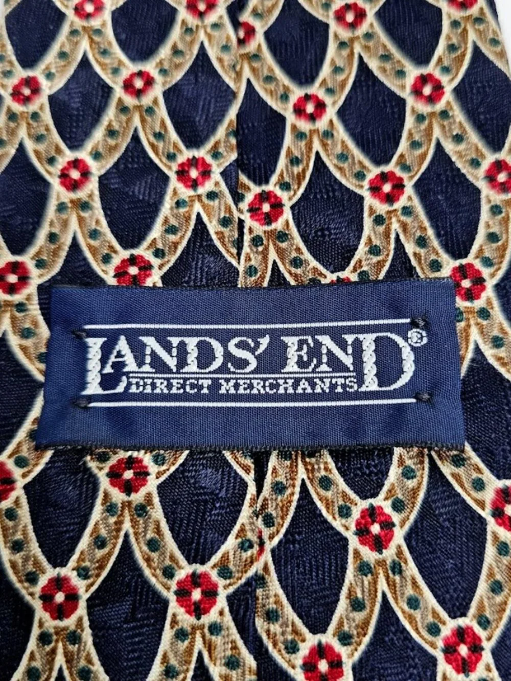 LANDS' END Direct Merchants 100% Silk Tie Necktie BLACK W RED GOLD Geometric 58